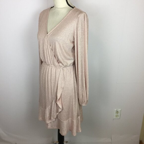 New! LC Lauren Conrad Wrap Dress S Woman Pink Metallic Knit Long Sleeve Ruffle - Picture 2 of 15